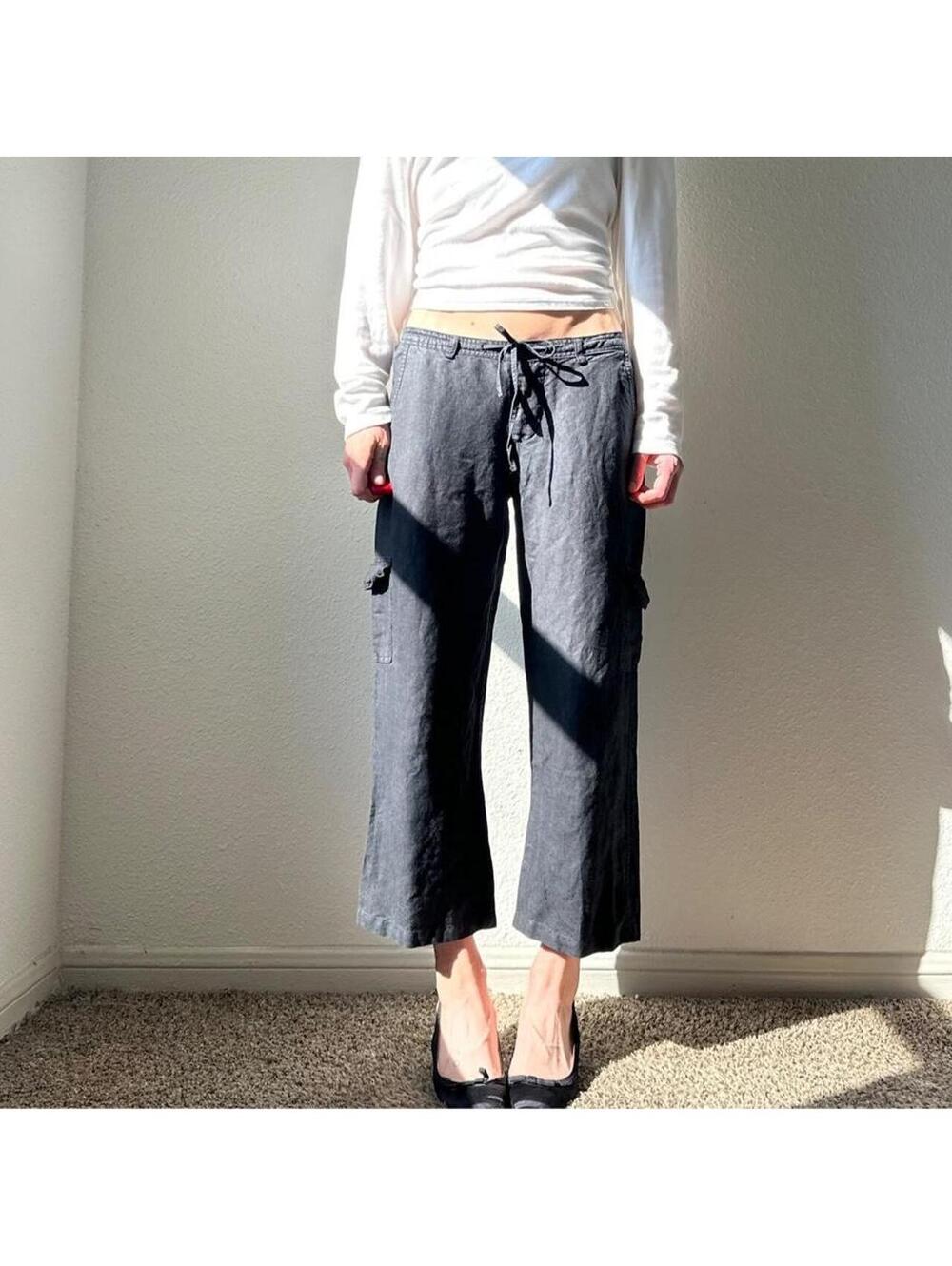 Vintage y2k half linen black low rise wide leg flare cropped cargo pants /capris